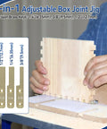 Rock Solid Box Joint Jig For Router Table Featuring Finger Joint Indexing Keys With Three Size Setup Bars And Clear Acrylic Sled, showing brass keys and wood joints.