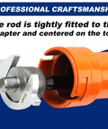 Close-up of inner tie rod removal tool set with 12 crowfoot adapters and 1/2-in drive tube; orange housing and metal head.