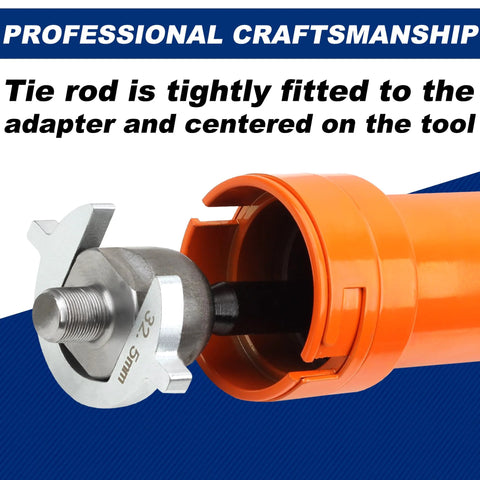 Close-up of inner tie rod removal tool set with 12 crowfoot adapters and 1/2-in drive tube; orange housing and metal head.