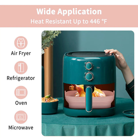 2 Pack 8 Inch Foldable Square Silicone Air Fryer Liners For 4 Qt To 6 Qt in oven with chicken, Grey and Pink, heat resistant