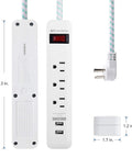 Two Pack 3 Outlet Surge Protector Power Strip With USB Ports 12 Foot Extension Cord Low Profile Plug White, top view dimensions
