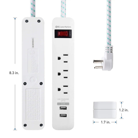 Two Pack 3 Outlet Surge Protector Power Strip With USB Ports 12 Foot Extension Cord Low Profile Plug White, top view dimensions