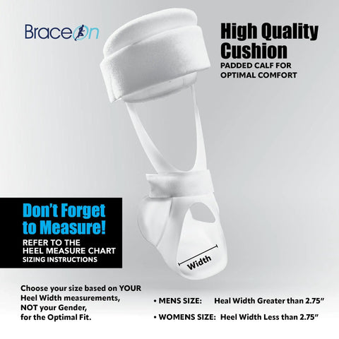 Drop Foot Stabilizer AFO Brace for easy walking, showing padded calf for comfort and heel width guide, lightweight design