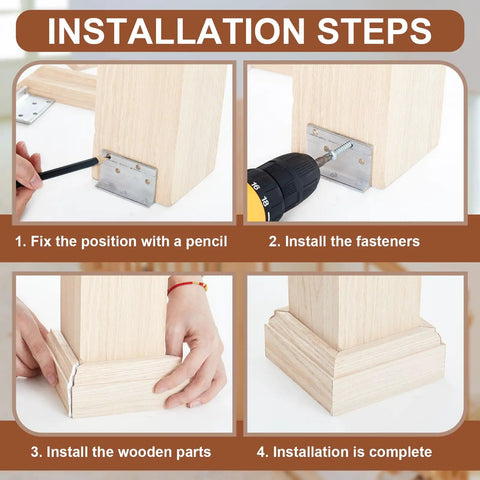 All In One Three And A Half Inch Newel Post Mounting Kit With L Bracket Fasteners Includes Four Maple Wood Skirt Trims And Twenty Eight Screws For Square Newels To Attach Handrails Railings Balustrades To Stairs And Floors