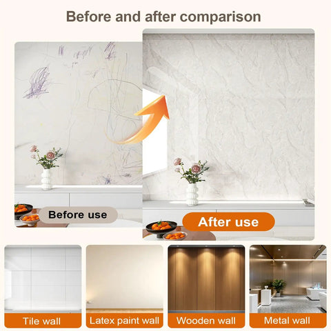 Before and after comparison of Premium Waterproof Marble Peel And Stick Wallpaper Slick Self Adhesive Decor Rolls on a wall.