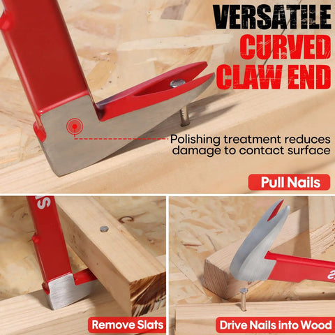 Beefy Three Piece Nail Puller Tool Set showing curved claw ends for pulling, removing slats, and driving nails into wood.