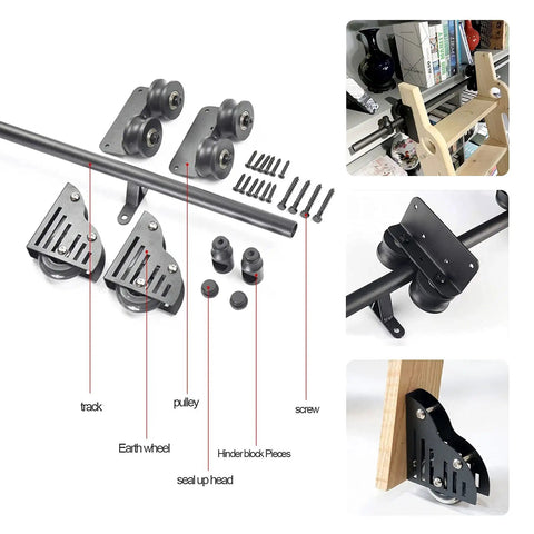 Top Shelf Sliding Barn Door Hardware Kit With Adjustable Library Ladder Track Rail And Beefy Floor Casters For A Smooth Ride Across Every Room In Your House Black parts including track, pulleys, and screws.