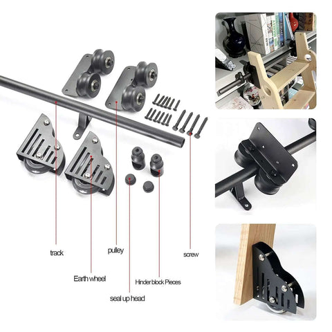 Heavy Duty Sliding Barn Door Hardware Kit Adjustable From Three Point Three Feet To Twenty Feet With Floor Rollers And Black Steel Round Tube Track For Mobile Library Ladders Built Tough Includes Track Supports Wheels And Stops components