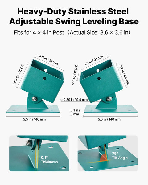 Beefy Heavy Duty Swing Set Brackets Kit For 4x4 Posts 3.6x3.6 Actual, Leveling Hardware With 1250 Lb Per Unit Capacity, 45 To 60 Degree Angle, Stainless Steel Anchor Kit For Uneven Grass And Wooden Ground, 4 Pack