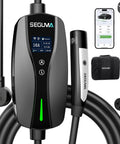 Dual Voltage EV Charger For Tesla With App, showing NEMA 5-15 plug, 6-20 adapter, 25 ft cable, IP66 waterproof, ETL certified features