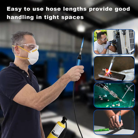 Person using MAP And MAPP Gas Soldering Mini Pen Torch Kit With 3 Foot Hose 6 Replaceable Heads Piezo Igniter