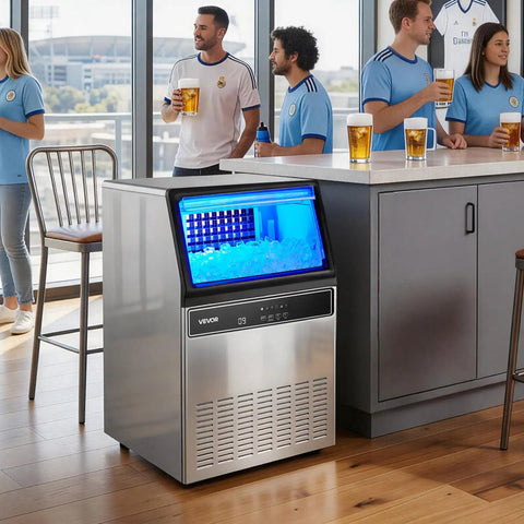 Top Notch Commercial Ice Maker Cranking Out 120 Lbs Daily With Slick Under Counter Design, Built In Self Cleaning, And Rugged Stainless Steel Shell in kitchen setting.