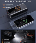 Portable Tire Inflator Air Compressor 180 PSI With Digital Pressure Gauge And LED Light shown charging a smartphone