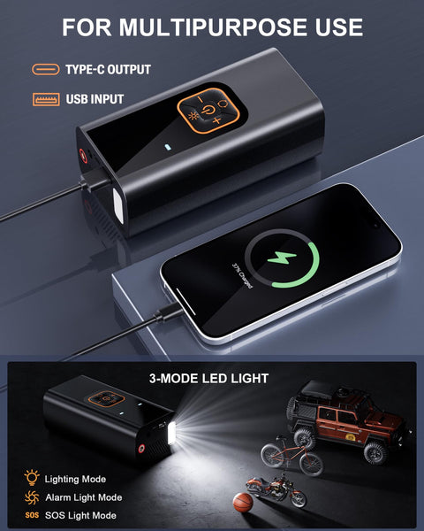 Portable Tire Inflator Air Compressor 180 PSI With Digital Pressure Gauge And LED Light shown charging a smartphone