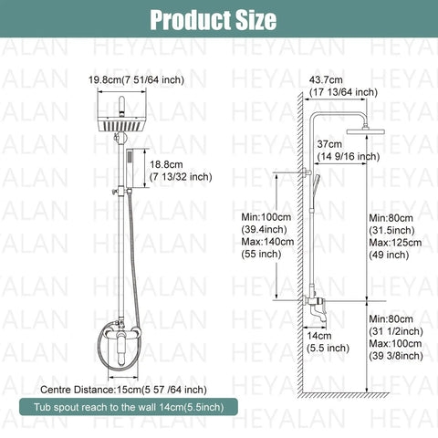 Dimensions of Matte Black Rain Shower System Set With Exposed Fixtures, Triple Function Shower Kit; detailed size measurements
