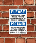 Please Do Not Flush Paper Towels Or Trash In The Toilet Bilingual Sign 7x10 Plastic Built Tough HDPE Outdoor Ready Heavy Duty 55 Mil Construction Weather Resistant For Indoor Or Outdoor Use With Rounded Corners And Recyclable Base. bilingual restroom sign on brick wall