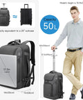 Front view of SWICKY RICOOI rolling backpack, gray fabric, 17-inch laptop sleeve, water-resistant wheeled luggage