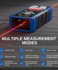 Pro Grade Dual Laser Distance Meter With Backlit LCD, 393 Feet Range, Rechargeable, Multi Unit, showing various modes and laser beam