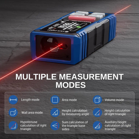 Pro Grade Dual Laser Distance Meter With Backlit LCD, 393 Feet Range, Rechargeable, Multi Unit, showing various modes and laser beam