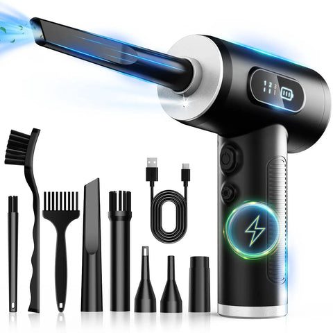 Electric Air Duster With LED Light Three Gear Adjustable 100000 RPM Cordless Blower for electronics cleaning, includes accessories.