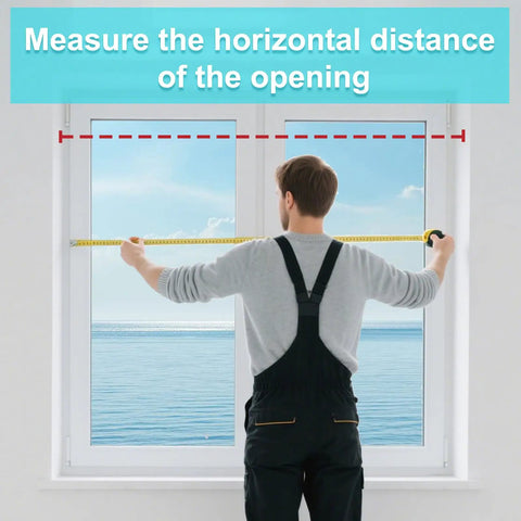 Man measuring window width for Extra Wide White Window Safety Guard For Kids And Pets No Drill Easy Install Tension Security Gate