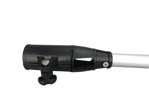 Fixed 17.5 Inch Tiller Handle Extension For Trolling Motors Ergonomic No Slip Grip Anodized Aluminum Tubing close-up with clamp