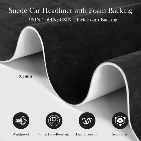 Garifon suede headliner fabric, black, 96 in L × 60 in W, foam-backed, side view