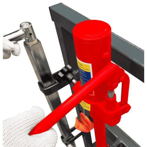 Heavy Duty Hydraulic Equipment Mover With Flow Back Handle Set Of 2, 4,000 Lb Capacity, red jack and handle detail