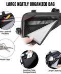 Water Resistant Reflective Bike Frame Storage Bag Triangle Bag With Two Side Pockets Strap On Under Seat Tool Pouch open view with layered pockets and hook keys.