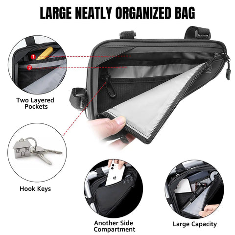 Water Resistant Reflective Bike Frame Storage Bag Triangle Bag With Two Side Pockets Strap On Under Seat Tool Pouch open view with layered pockets and hook keys.