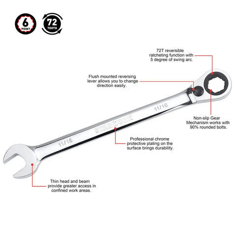 Reversible 20-Piece Ratcheting Wrench Set With Long Pattern, showing 11/16 inch SAE size, chrome finish, 15-degree offset.
