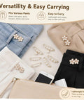 Eight Piece Pearl Waist Tightener Pins With Secure Locking Buckle System Fixes Loose Jeans And Skirts Instantly No Sew hidden clips on various pants.