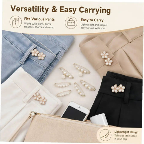 Eight Piece Pearl Waist Tightener Pins With Secure Locking Buckle System Fixes Loose Jeans And Skirts Instantly No Sew hidden clips on various pants.