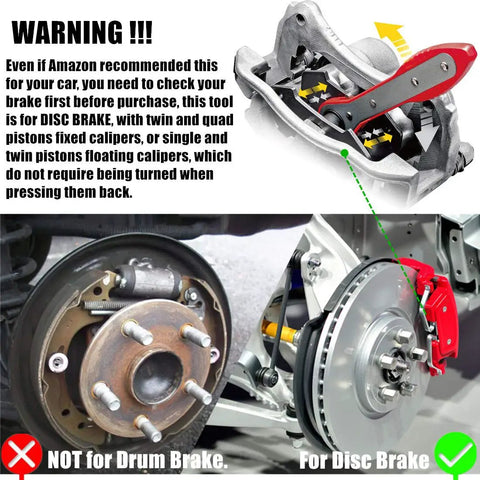 Image showing Brake Caliper Press Tool Set With 360 Degree Swing Ratchet Expander For Disc Brakes Brake Pad Spreader Kit Plus Two Extra Large Plates For Single To Sextuple Piston Calipers in use with clear indication it is for disc brakes, not drum brakes.