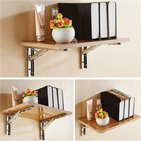 Two Pack Folding Shelf Brackets L Shaped Wall Mounted Triangle Angle DIY Heavy Duty Support For Shelves and tools in use