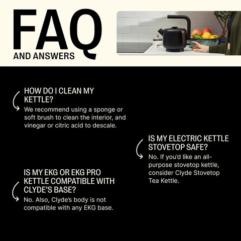 FAQ section showing electric kettle on counter beside fruit with text about cleaning and compatibility.