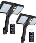 Remote Solar Motion Sensor Flood Lights, 128 LED Ultra Bright Outdoor Security Flood Lights, shown with remote controls
