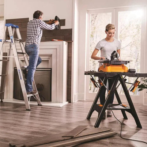 Lightweight Portable Table Saw Dishing Out Snappy Rip And Cross Cuts Without Breaking a Sweat in a home workshop setting.