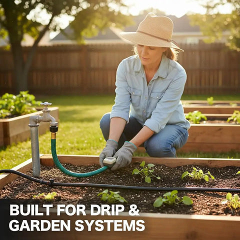 Woman using Three Foot Leader Hose With One Half Inch Male To Female Fittings For Faucet Extension And Drip Irrigation in garden setup