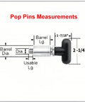 Top Shelf Steel T Handle Spring Loaded Pull Pins For Gym Equipment Quick Release Adjustment Knobs with measurement details.