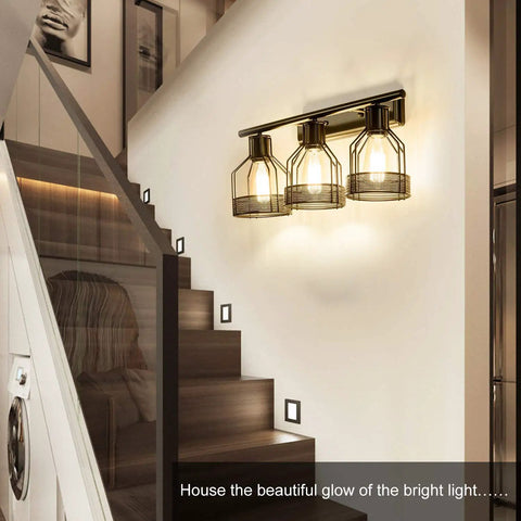 Industrial Vanity Light Plug In Three Light Retro Cage Wall Sconce With Metal Shade Corded Vintage Indoor Lighting For Dressing Table Mirror And Cabinet Perfect For Rustic Urban Home Decor