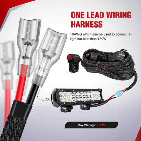 Close-up of 16 AWG Wiring Harness Kit With 1 Lead 12V Motorcycle Handlebar Switch, relay, and inline fuse for LED light bar.