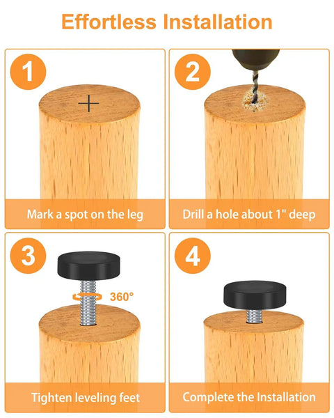 Easy install guide for 12 Pack Adjustable Leveling Feet One Quarter Inch 20 UNC For Furniture DIY Projects on wooden furniture leg.