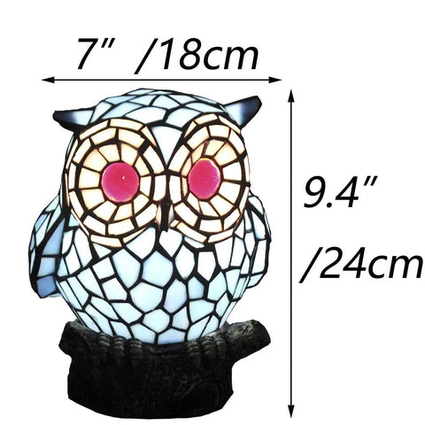 Blue Tiffany Style Stained Glass Owl Accent Table Lamp With Handmade Lampshade For Living Room Decor, 7 Inch Long, 9 Inch Wide