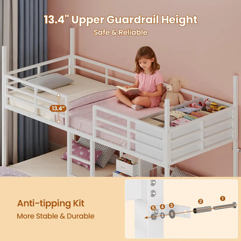 Triple Bunk Bed Space-Saving With House Shape For Kids, Twin Over Twin Over Twin, Metal Frame With 4 Storage Drawers, 13.4 Inch Guardrail