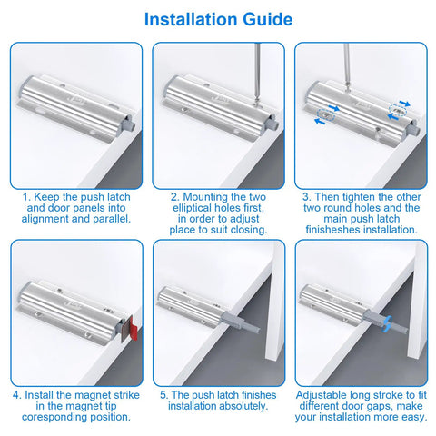 Installation guide for Eight Pack Heavy Duty Metal Push Latches for cabinets, showing step-by-step mounting instructions.