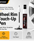 Light Silver Wheel Rim Touch Up Paint With Built In Brush For Knocking Out Curb Rash And Scrapes On Alloy Rims Plus Faster Five Minute Set For A Clean Showroom Grade Finish Daily displayed next to wheel rim.
