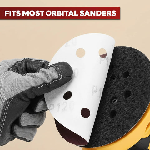 5 Inch Sanding Discs Hook And Loop 150 Piece Assorted Grit Pack For Orbital Sander being applied to a sander