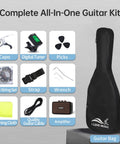 Guitar accessories including capo, tuner, picks, extra strings, strap, wrench, cleaning cloth, cable, amplifier, and gig bag