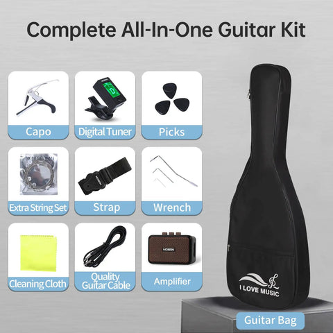 Guitar accessories including capo, tuner, picks, extra strings, strap, wrench, cleaning cloth, cable, amplifier, and gig bag